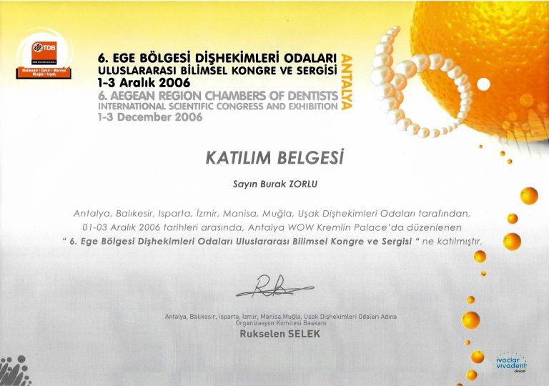 2006 Ege Bölgesi Diş Hekimleri Odaları Kongre Katılım Belgesi 2