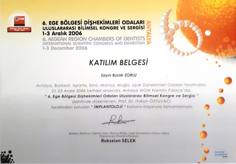 2006 Ege Bölgesi Diş Hekimleri Odaları Kongre Katılım Belgesi