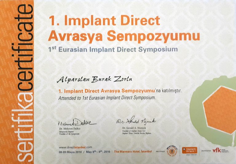 2010 1inci Implant Direct Avrasya Sempozyumu Katılım Belgesi