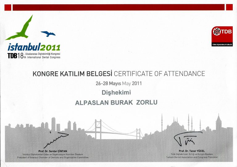 2011 Uluslararası Dişhekimleri Kongresi Katılım Sertifikası