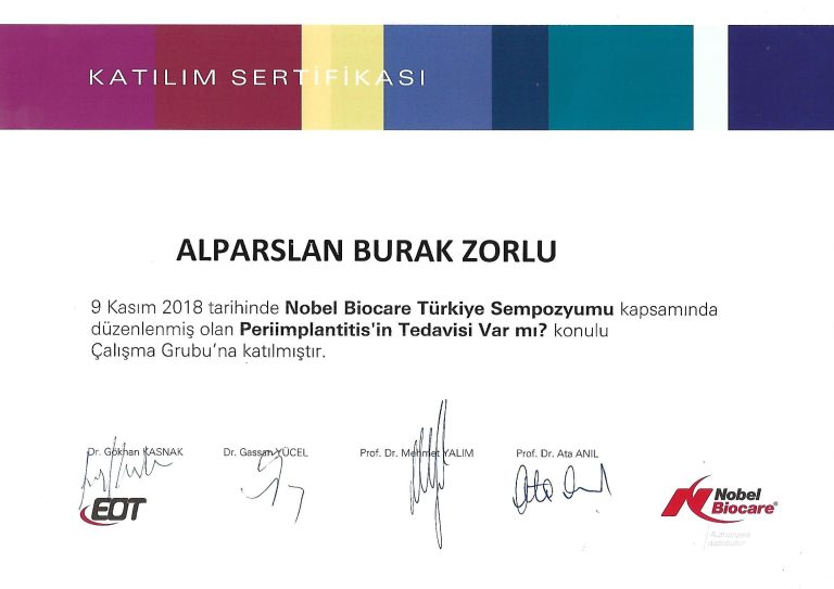 2018 Nobel Biocare Türkiye Periimplantitis Tedavisi Gurup Çalışması Katılım Sertifikası