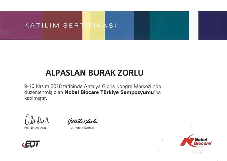 2018 Nobel Biocare Türkiye Sempozyumu Katılım Sertifikası