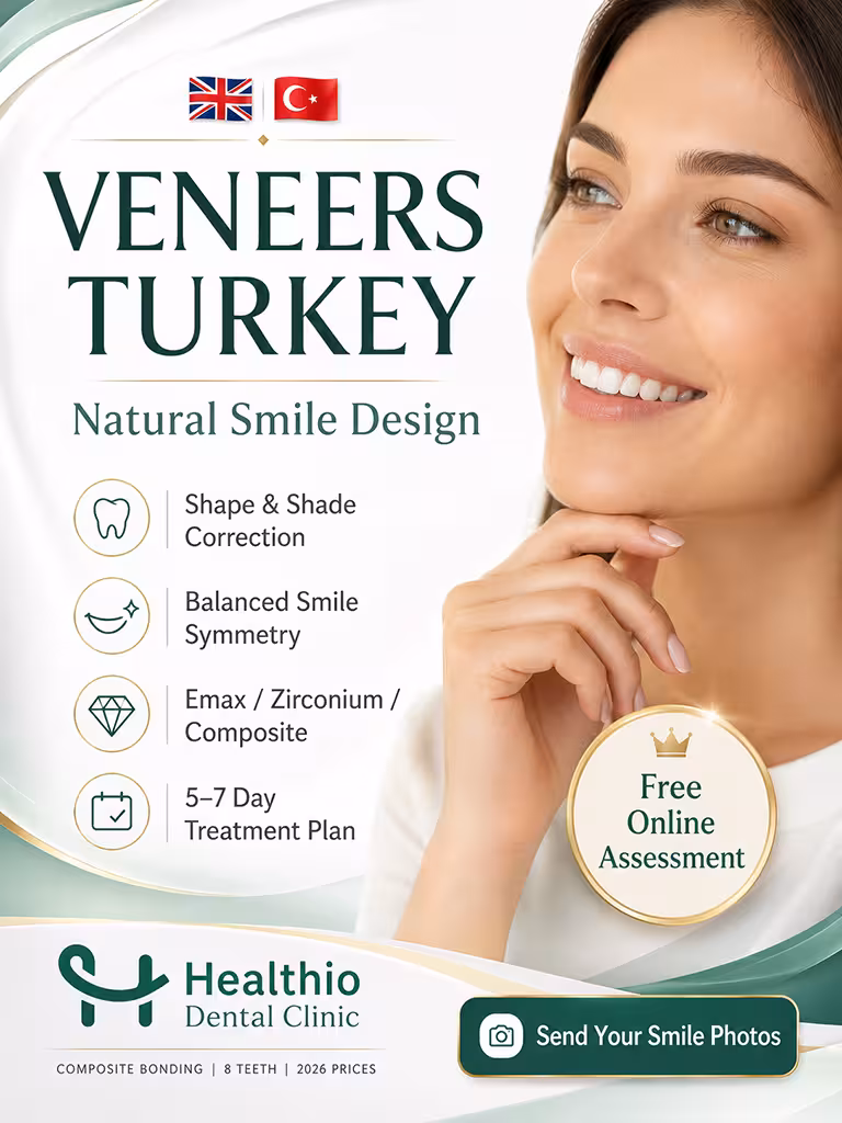 Promotional Veneers Turkey campaign image by Healthio Dental Clinic showing a smiling woman, veneer treatment benefits and a free online assessment.