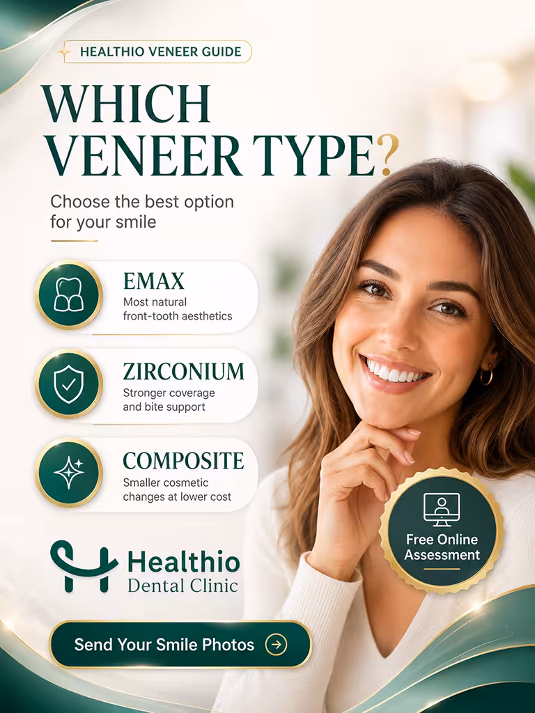 Healthio Dental Clinic veneer guide image showing Emax, zirconium and composite veneer options for patients choosing veneers in Turkey.