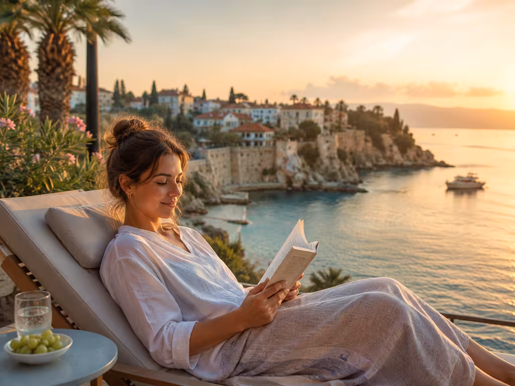 Patient recovering by the Mediterranean sea in Antalya after dental implant treatment