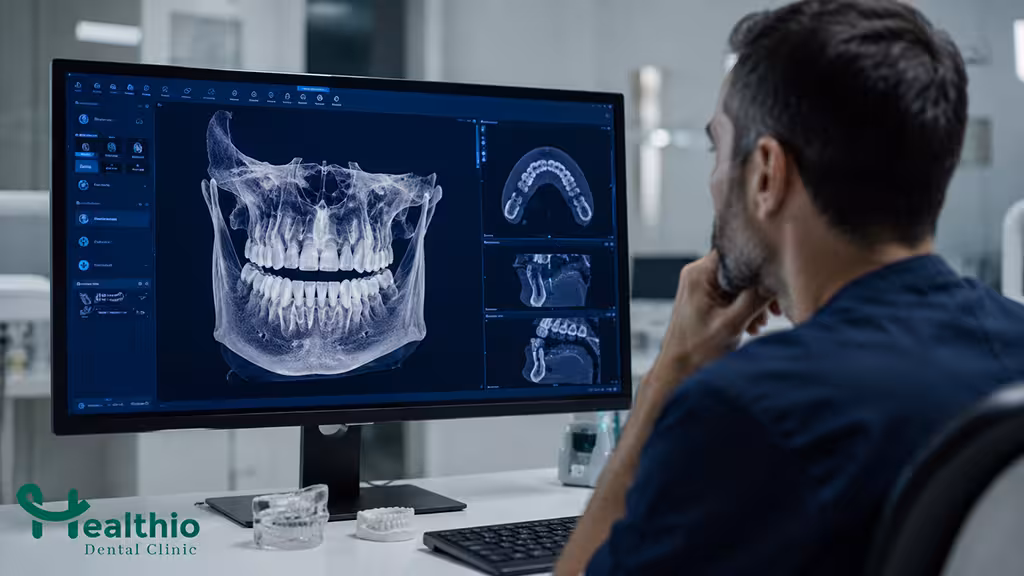 Dentist reviewing a 3D CBCT scan before planning treatment in Antalya