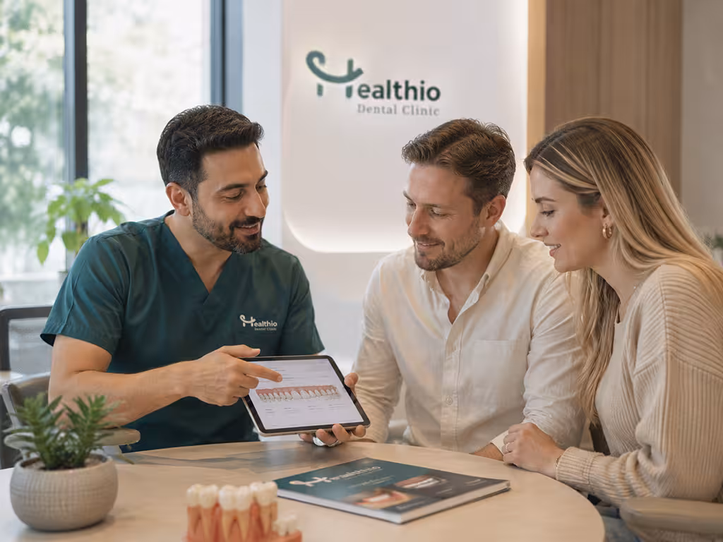 Healthio Turkey dentist explaining honest treatment plan to international patient