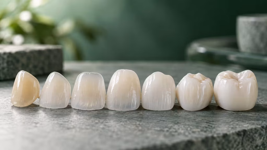 Composite lasts 4–8 years, E-max and zirconia 10–15+ years, implants 20+ years.