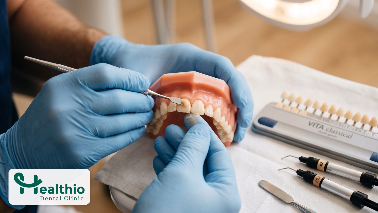 Dentist shaping composite resin on a tooth model next to a shade guide and composite syringes