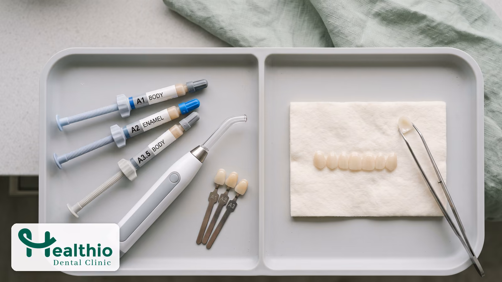 Composite resin syringes and a curing light beside thin porcelain veneers on a clinic tray