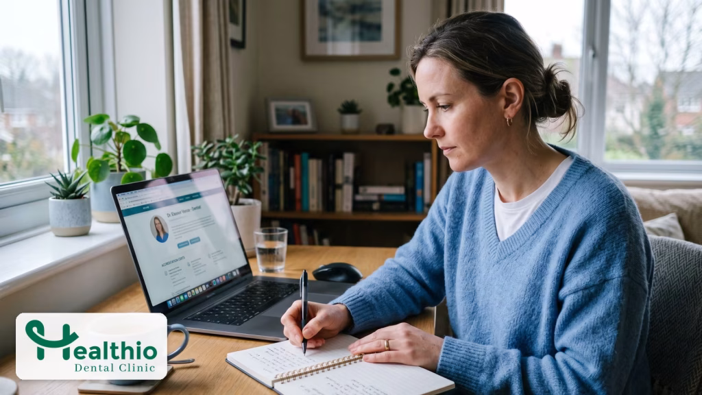 Woman at a desk checking dentist credentials and certificates on a laptop with notes beside her