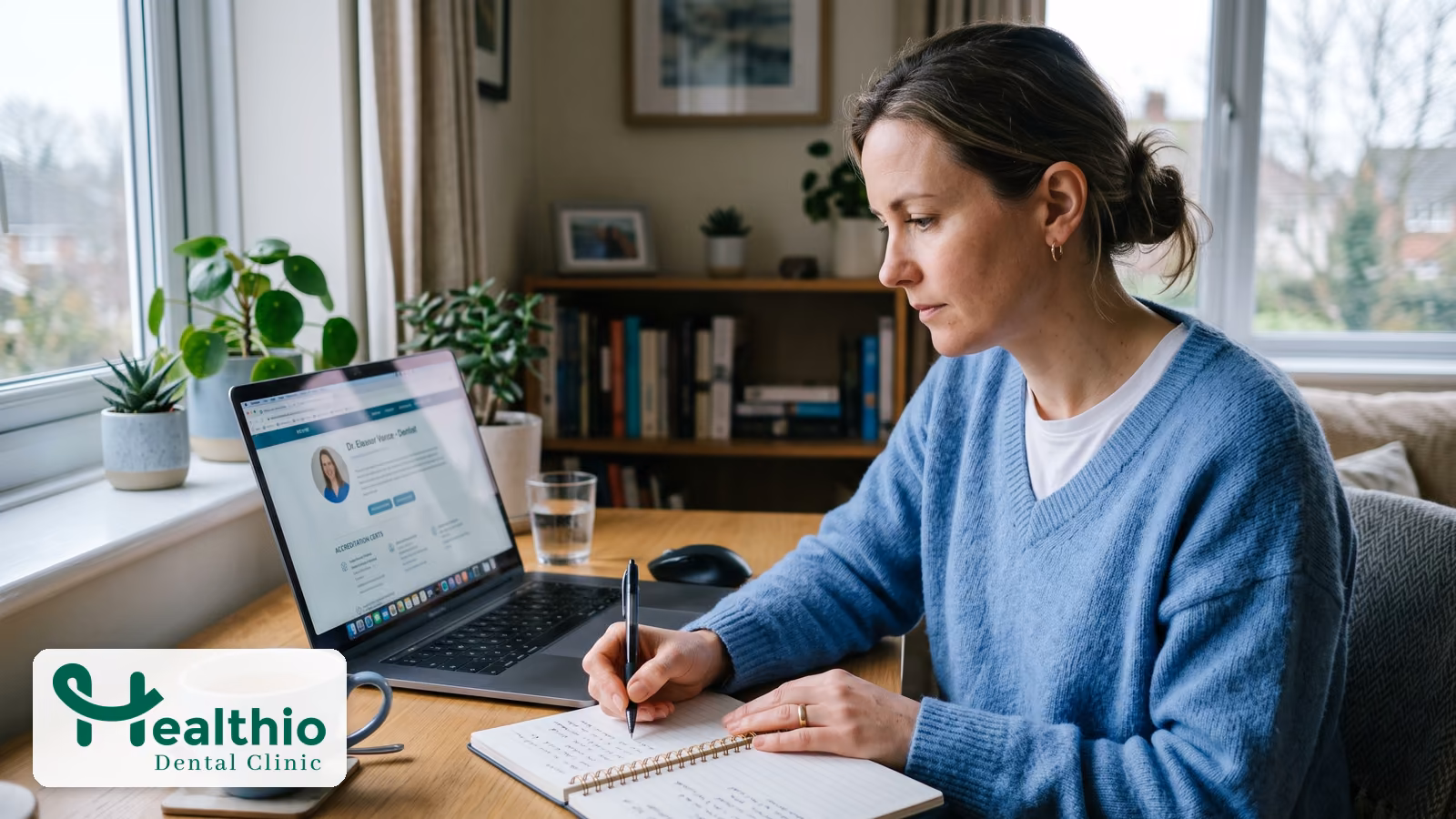 Woman at a desk checking dentist credentials and certificates on a laptop with notes beside her
