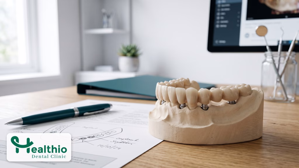 Model szczęki z mostem na implantach obok wydrukowanego planu leczenia