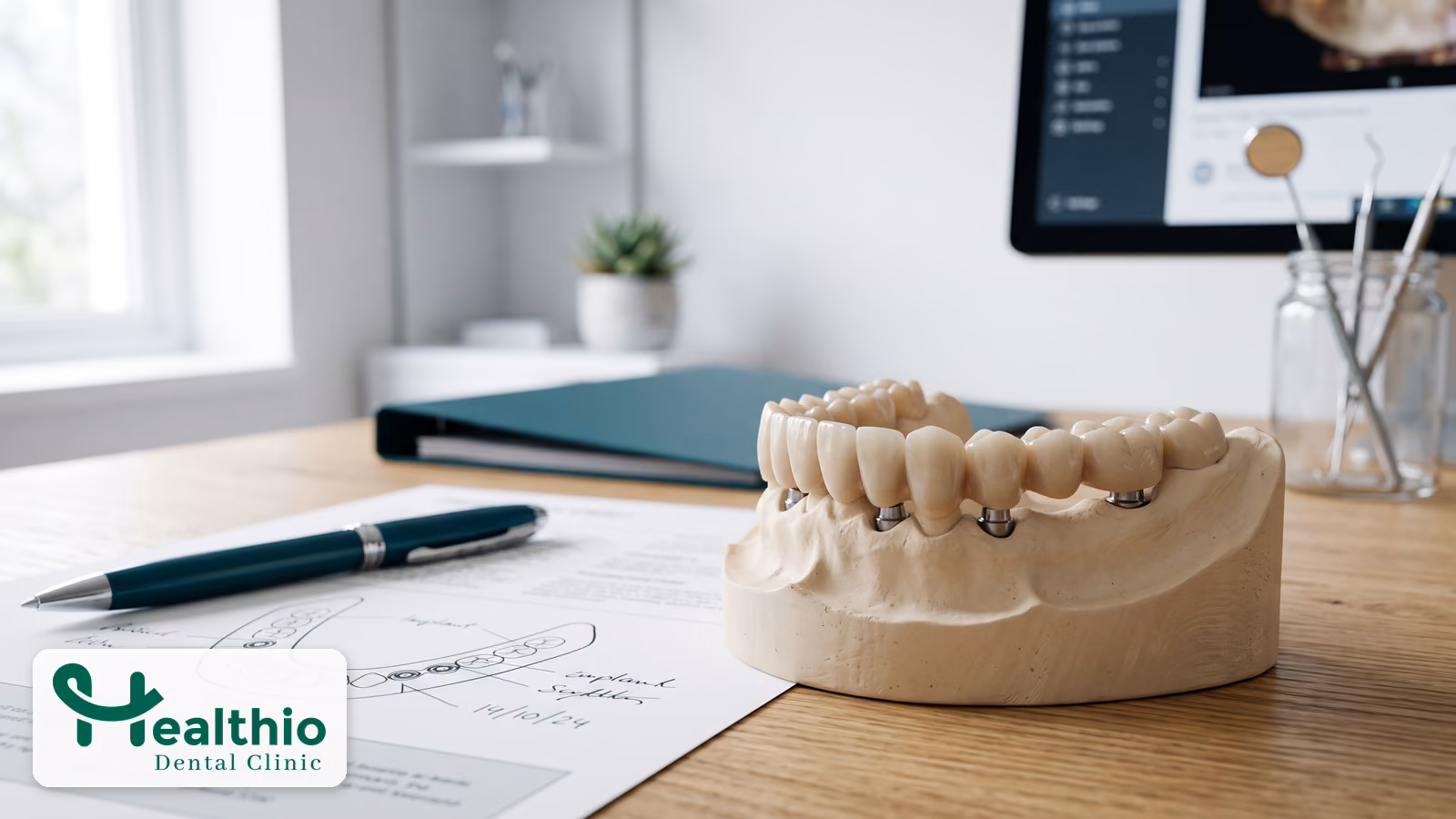 Model szczęki z mostem na implantach obok wydrukowanego planu leczenia