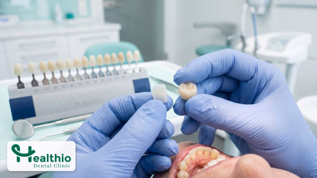 Dentist's gloved hands holding a thin ceramic veneer next to a full zirconia crown in front of a shade guide