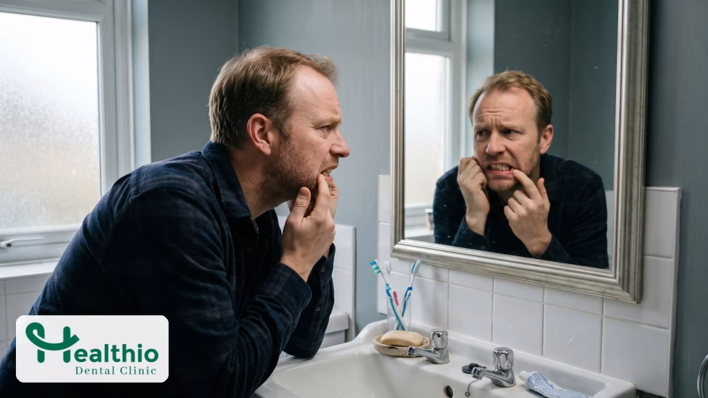 Man in his forties checking his teeth in a bathroom mirror with a concerned expression