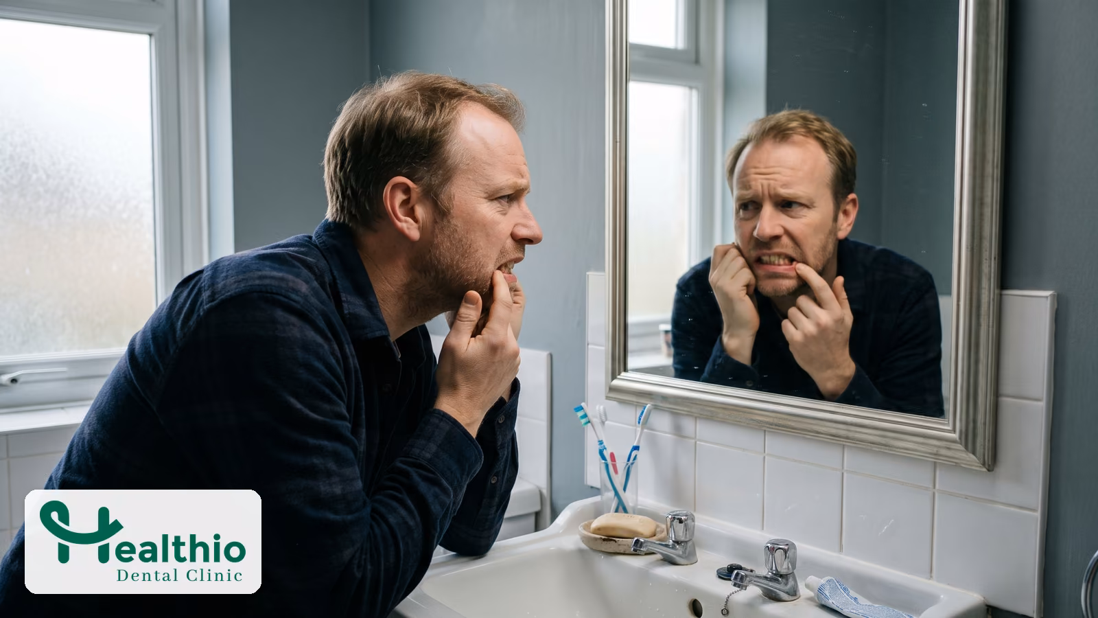Man in his forties checking his teeth in a bathroom mirror with a concerned expression