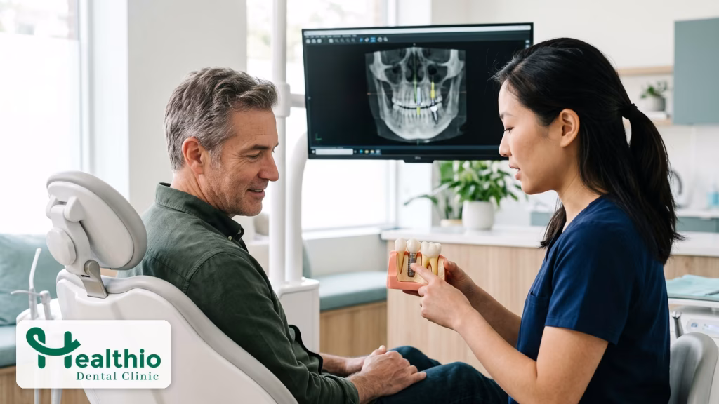 Dentist showing a patient an implant model next to a 3D CBCT scan on a monitor