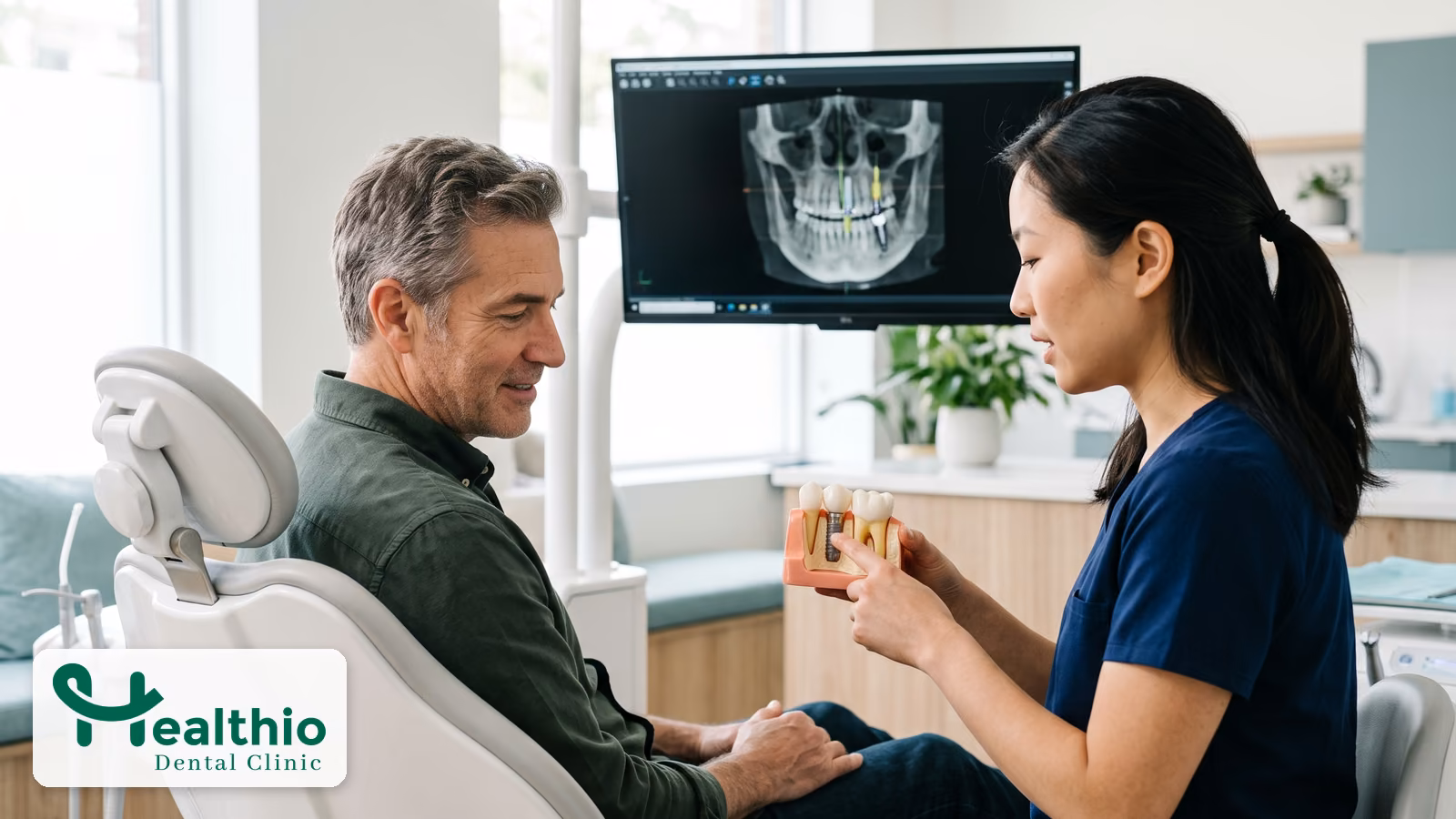 Dentist showing a patient an implant model next to a 3D CBCT scan on a monitor