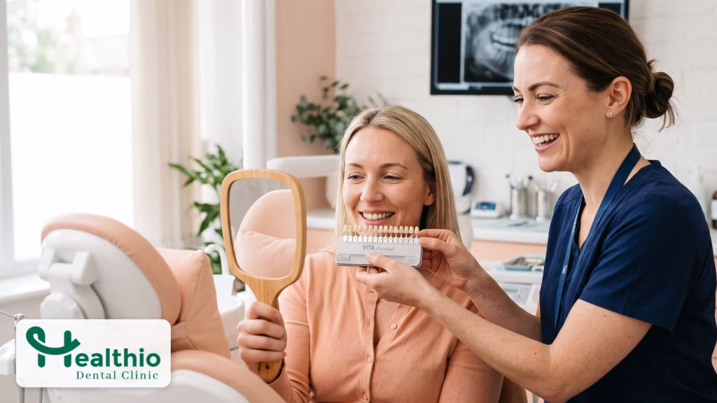 Zahnärztin hält einer Patientin eine Farbskala für Veneers neben die Zähne