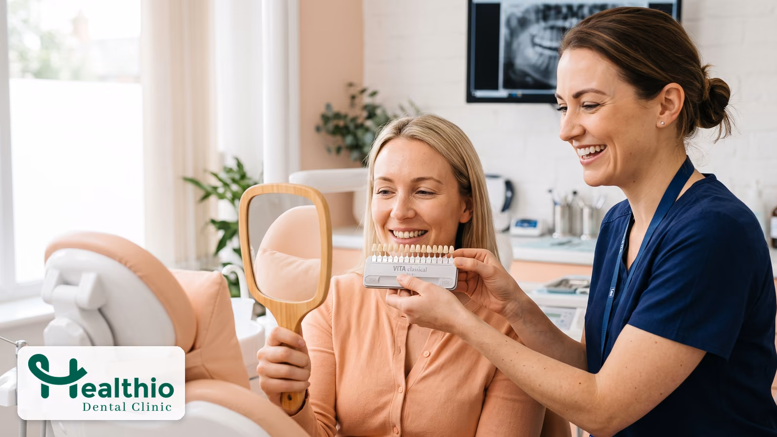 Zahnärztin hält einer Patientin eine Farbskala für Veneers neben die Zähne