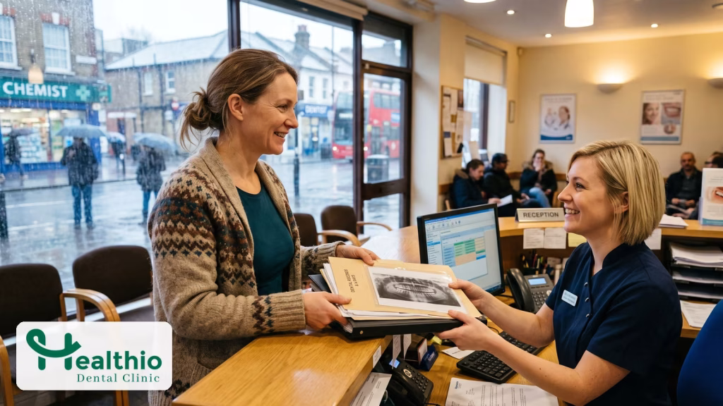 Woman handing a folder of dental treatment records to a receptionist at a UK dental practice