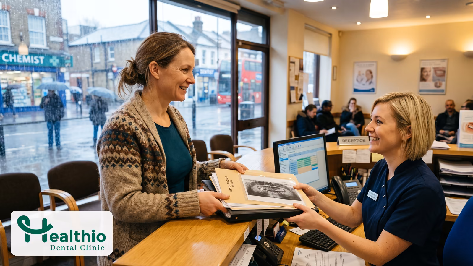 Woman handing a folder of dental treatment records to a receptionist at a UK dental practice